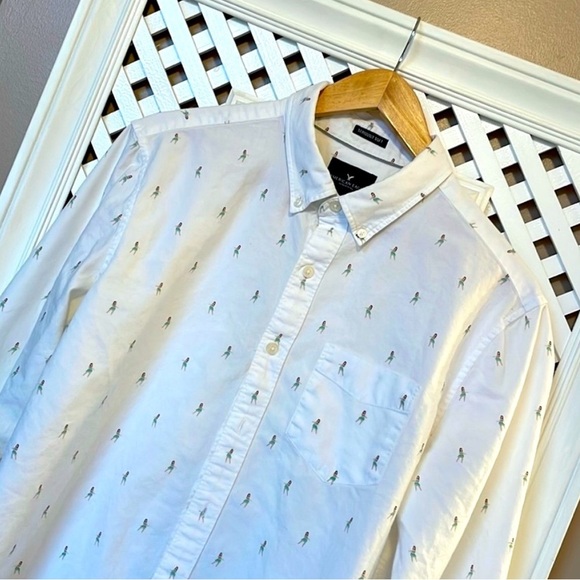 Hula girl American Eagle button down collared white long sleeve shirt medium - Picture 2 of 10